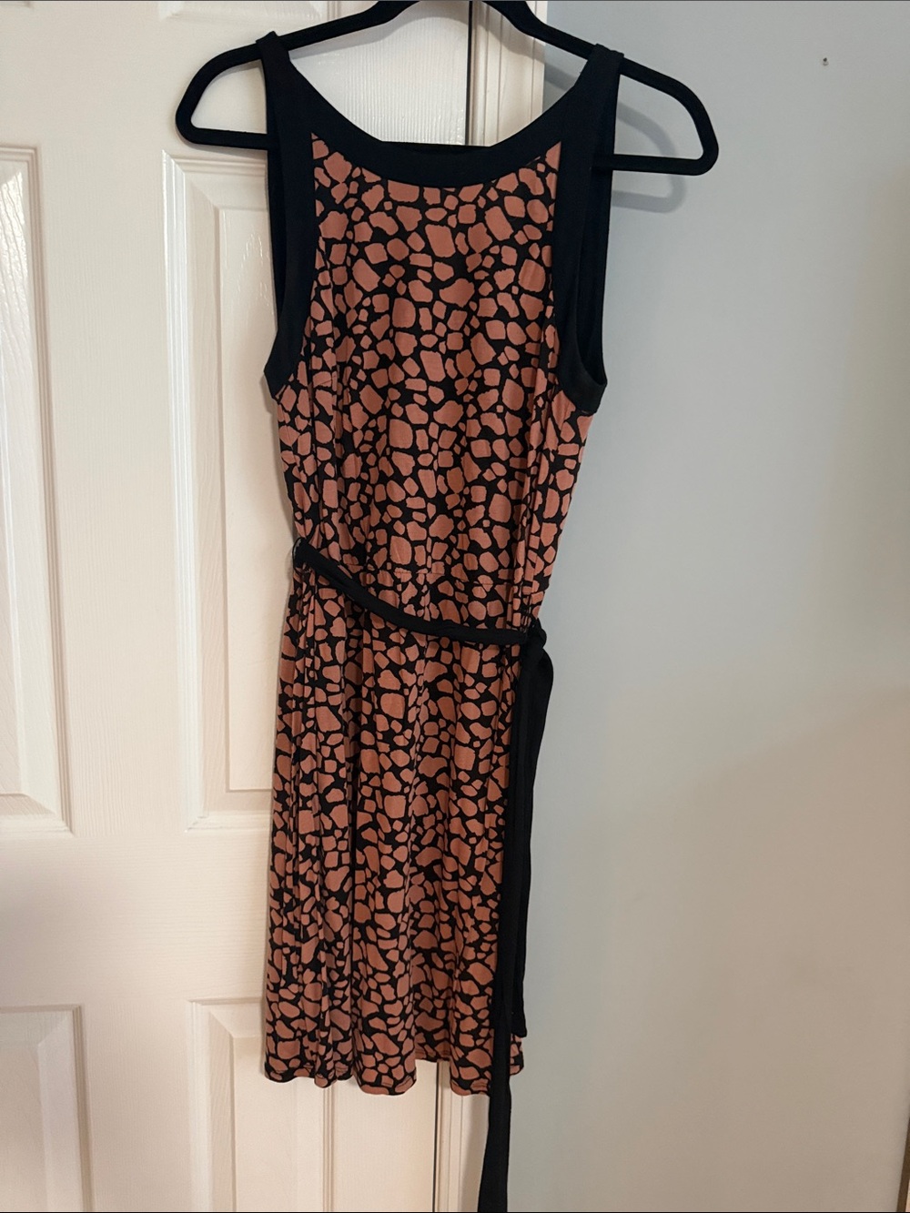 Loft Sleeveless Black-Trim Terracotta Print Tie-Waist Dress